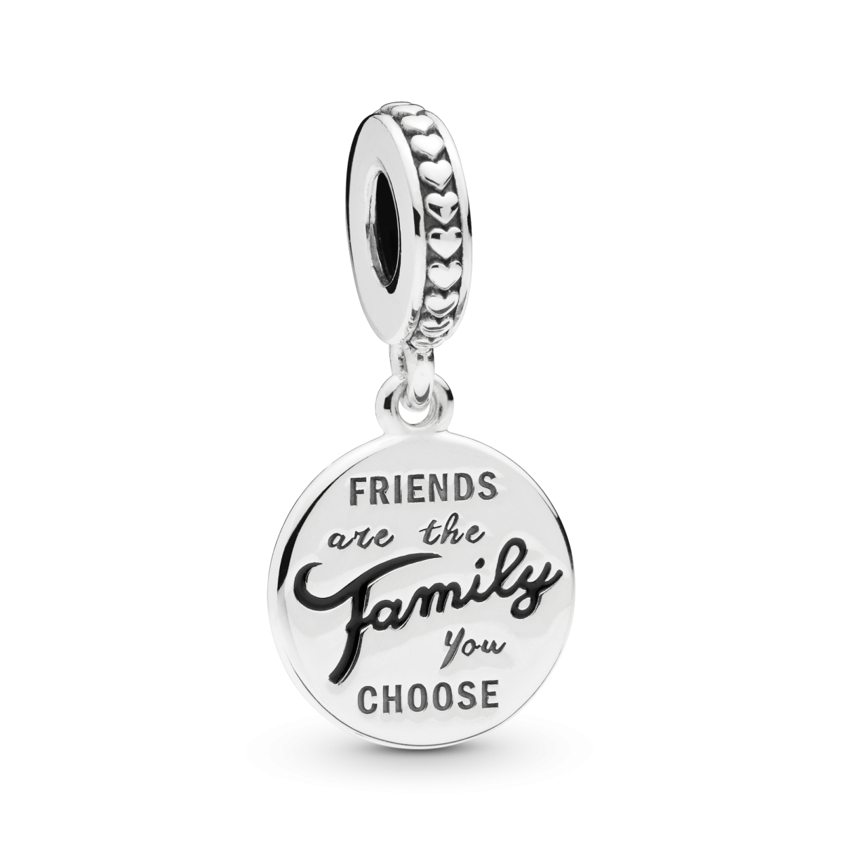 Pandora Moments 798124EN16 hangende charm met tekst Friends are Family you choose en zwarte emaille