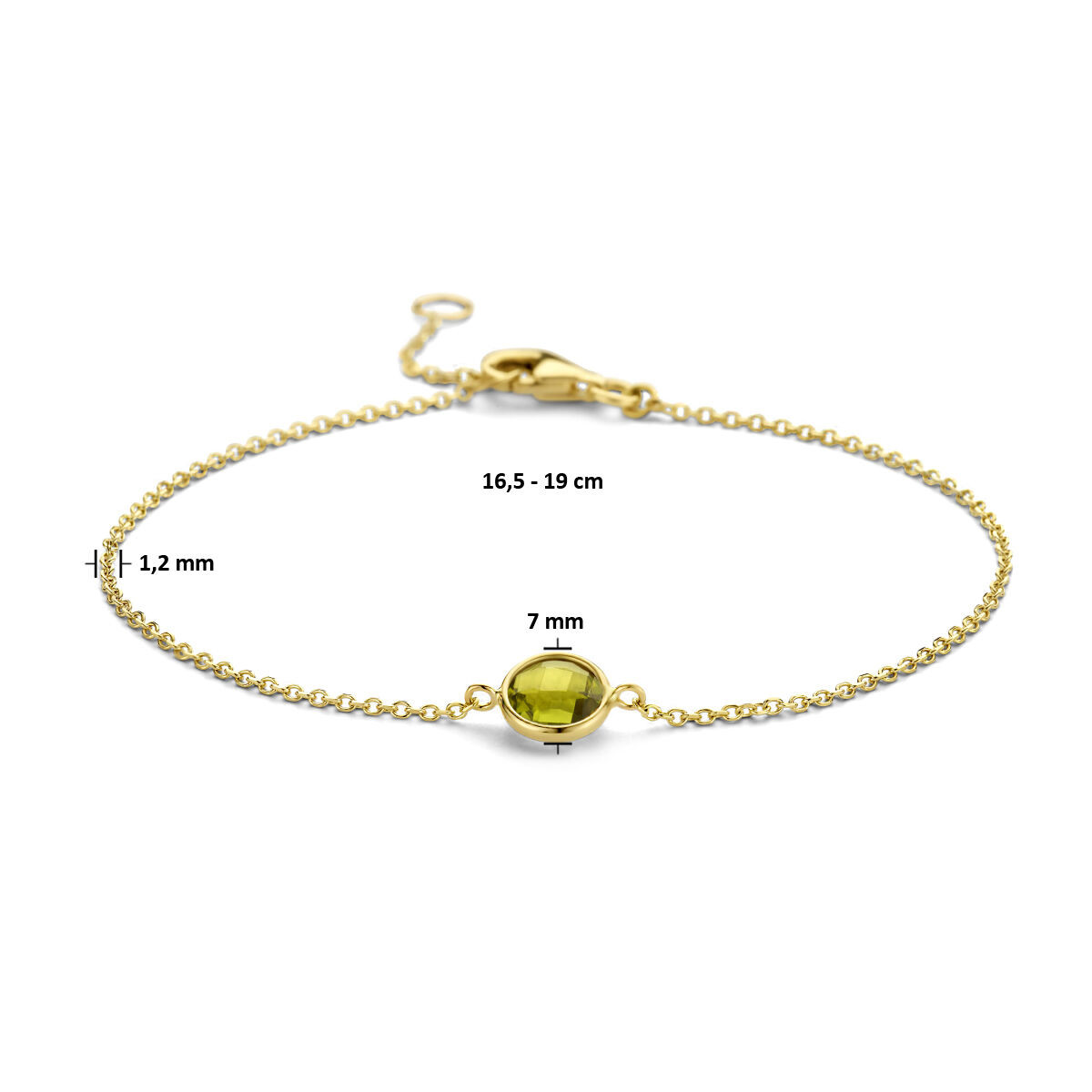 Gouden armband met peridot 1.2 mm 16.5 -19 cm
