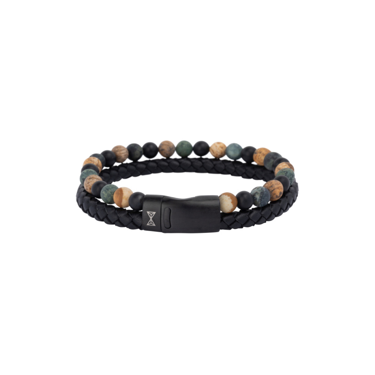 Aze Jewels Adventure AZ-BL017-A zwartbruine kralenarmband van leer onyx chalcedoon jaspis 12mm breed