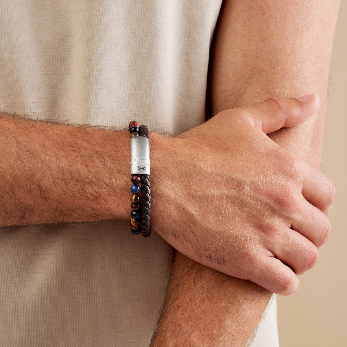 Aze Jewels Adventure AZ-BL020-A kralen- en leren armband met tijgeroog 12 mm breed