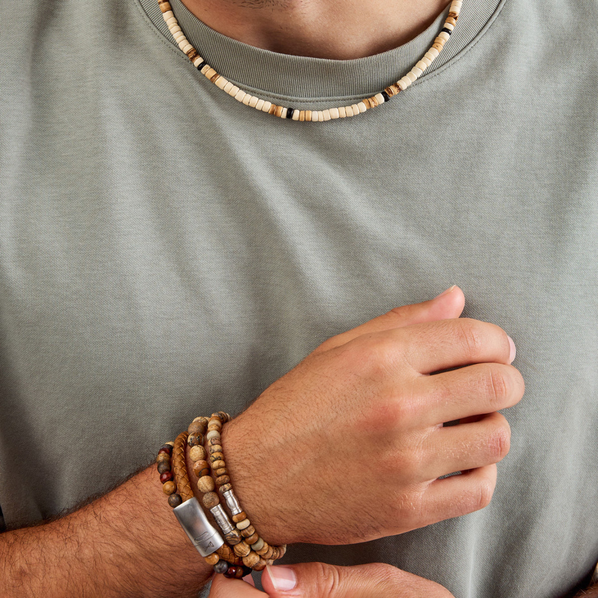 Aze Jewels Adventure AZ-BL023-A bruine kralenarmband met leer en zilverkleurige sluiting
