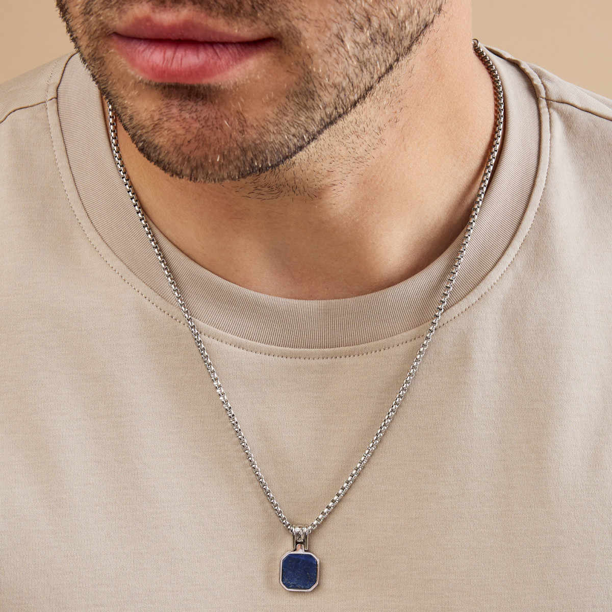 Aze Jewels Ferro AZ-NL012-A zilverkleurige ketting met achthoekige blauwe hanger - Lengte 50-60 cm