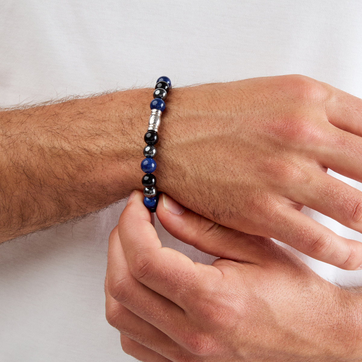 Aze Jewels Rocks AZ-BS007-A zilveren kralenarmband met blauw grijze stenen 8 mm breed