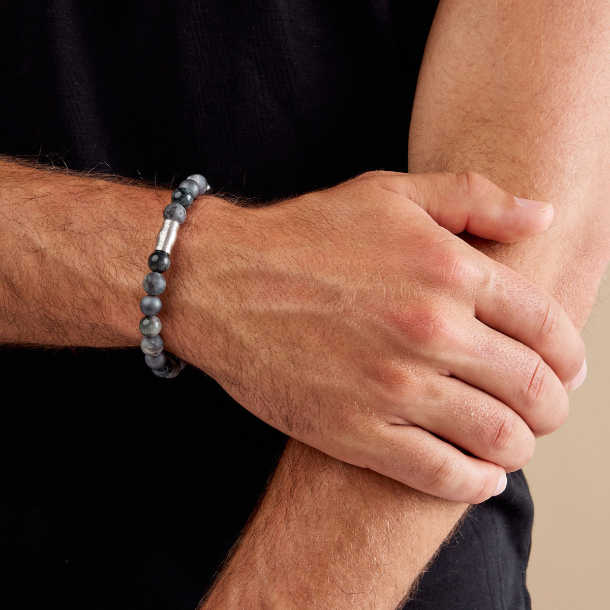 Aze Jewels Rocks AZ-BS014-A zilveren kralenarmband met grijze stenen 8 mm breed