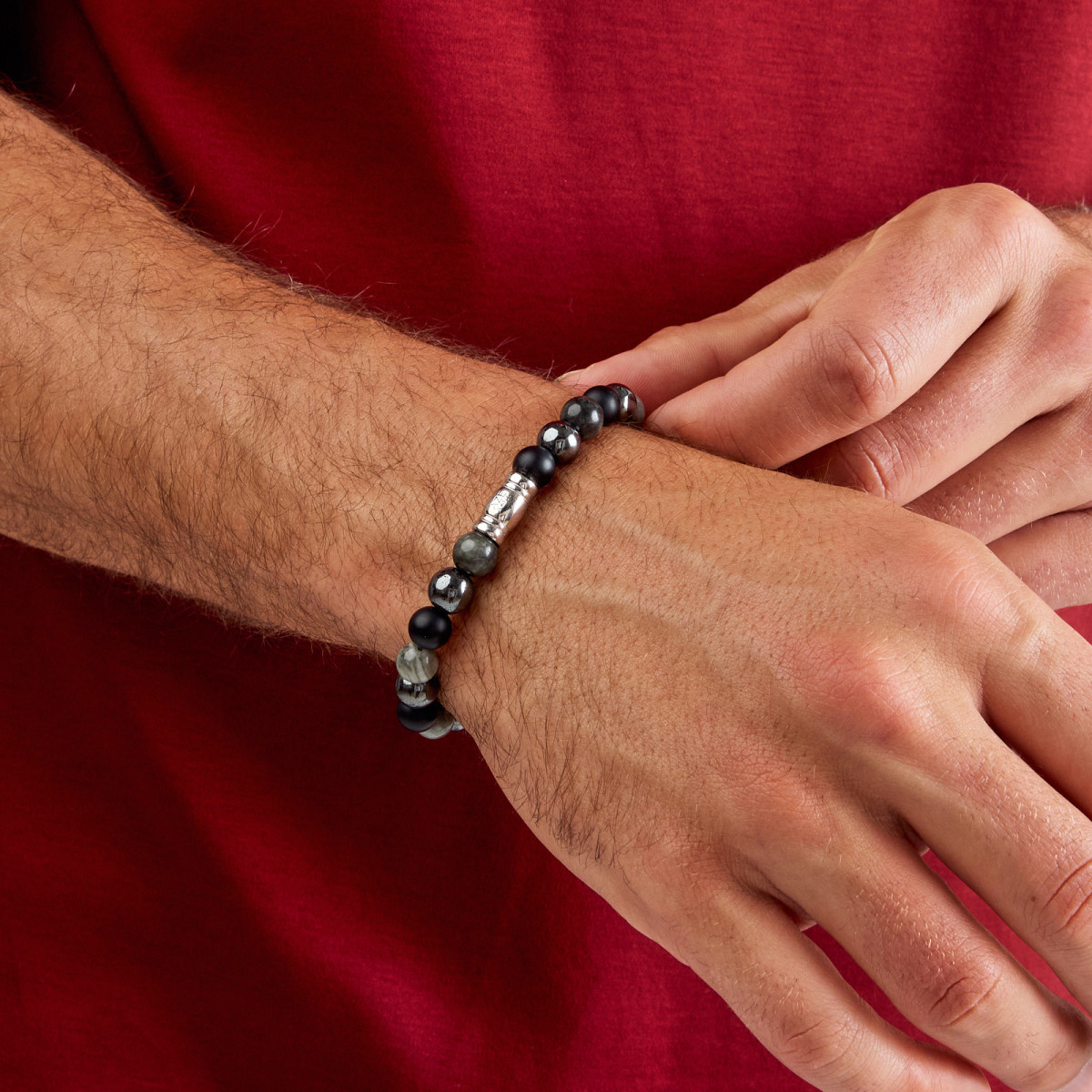 Aze Jewels Rocks AZ-BS019-A  zilveren kralenarmband met zwart grijze stenen 8 mm breed