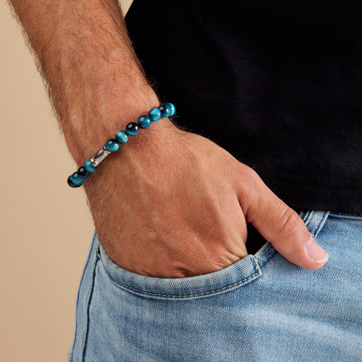 Aze Jewels Rocks AZ-BS027-A zilveren armband met blauw zwarte stenen 8 mm breed