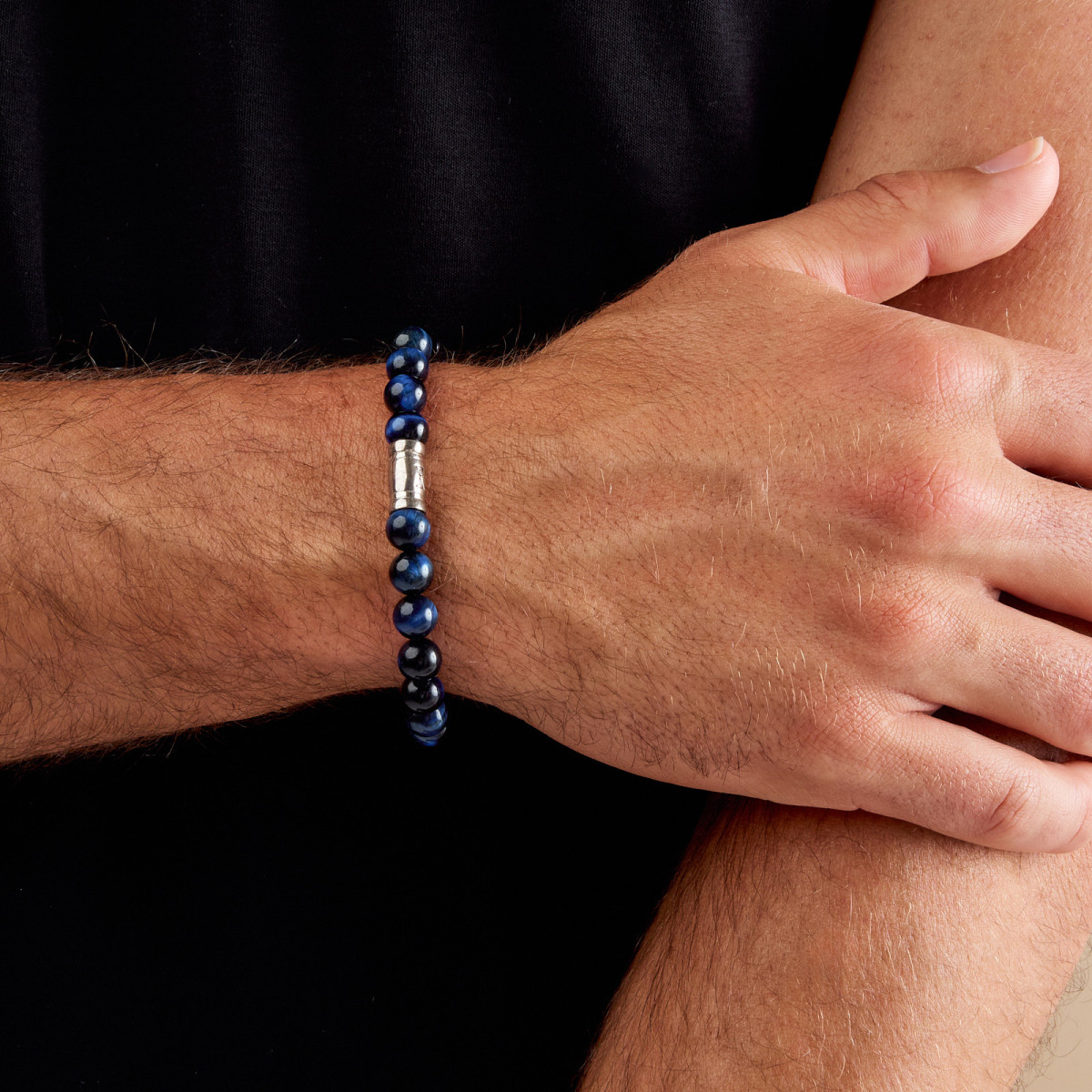 Aze Jewels Rocks AZ-BS028-A zilveren armband met blauwe en zwarte kralen tijgeroog 8 mm breed