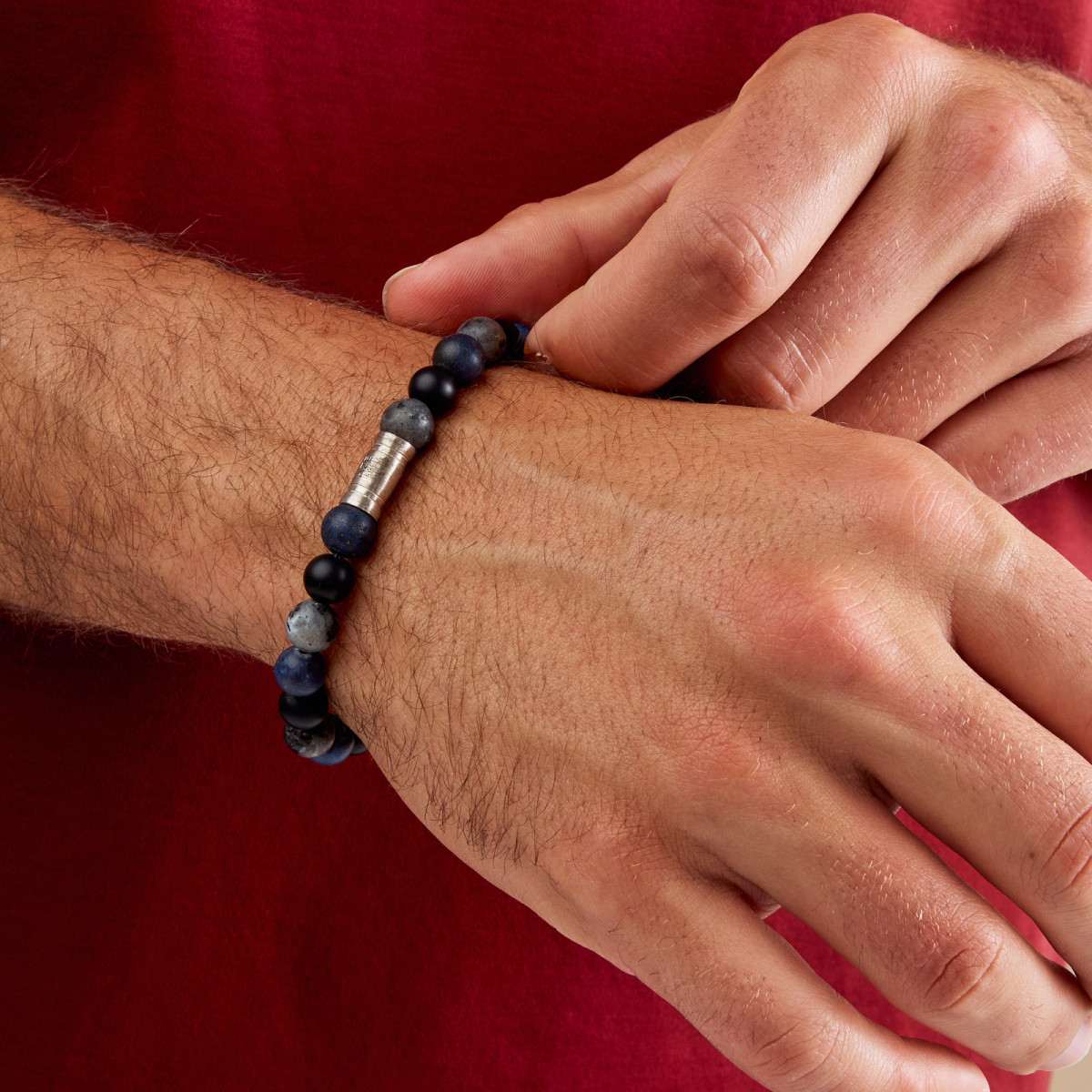 Aze Jewels Rocks AZ-BS032-A matte kralenarmband met onyx en lapis lazuli 8 mm breed