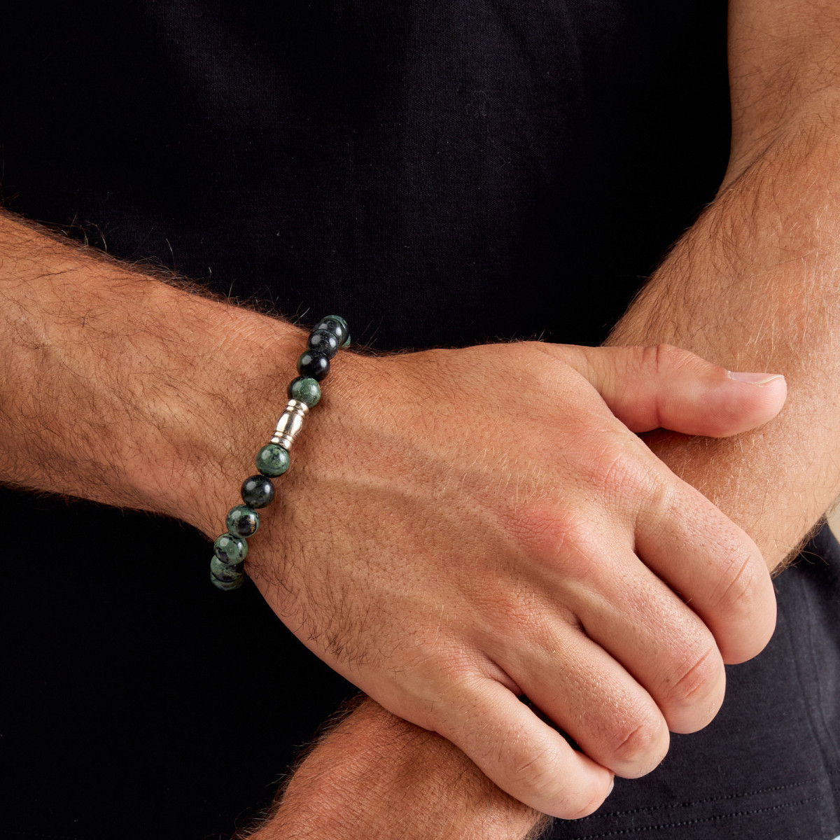 Aze Jewels Rocks AZ-BS035-A zilveren armband met zwart groene kralen 8 mm breed