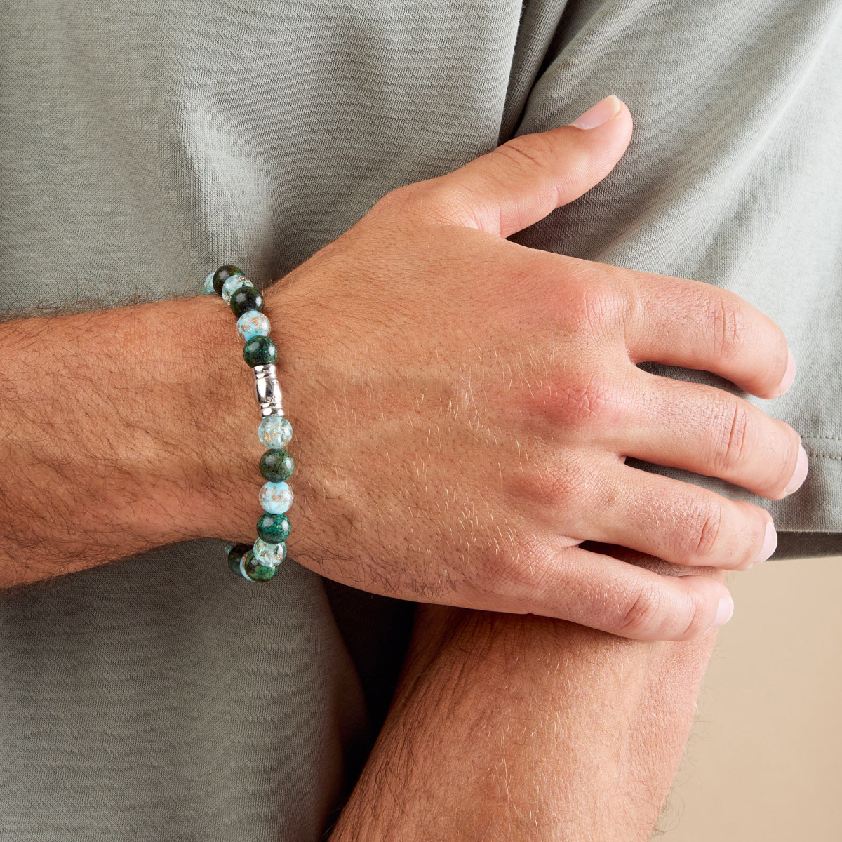Aze Jewels Rocks AZ-BS036-A zilveren armband met turquoise en groene kralen 8 mm breed