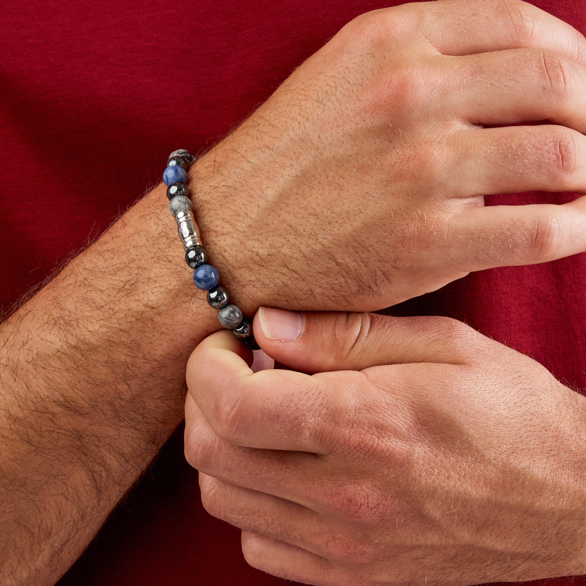 Aze Jewels Rocks AZ-BS047-A zilveren kralenarmband met hematiet jaspis en sodaliet 8 mm breed