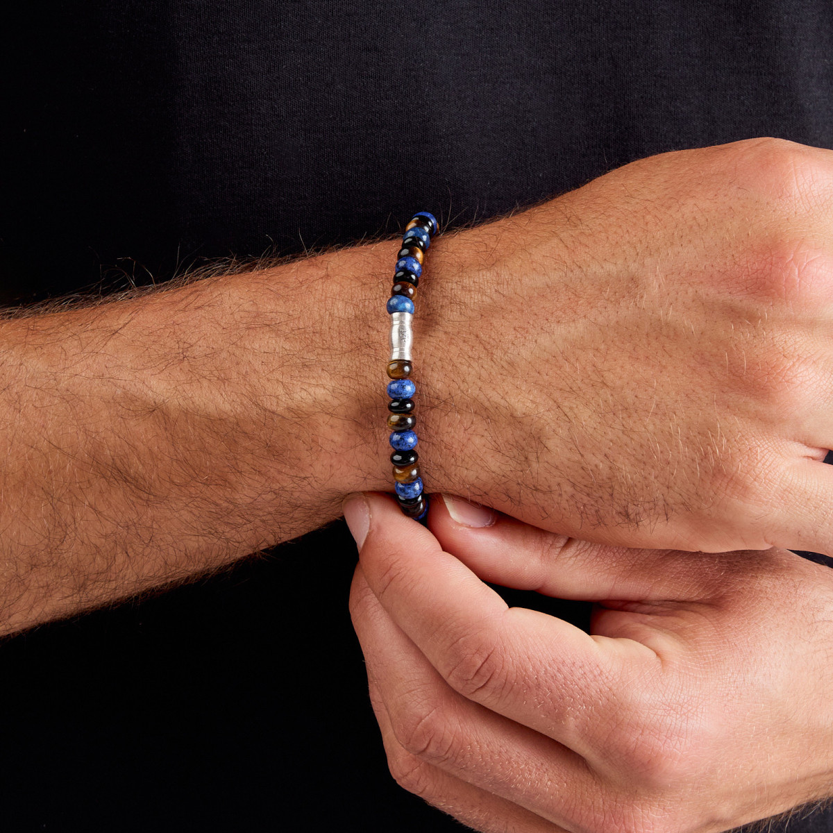 Aze Jewels Rocks AZ-BS614-A zilveren kralenarmband met agaat lapis lazuli tijgeroog 6 mm breed