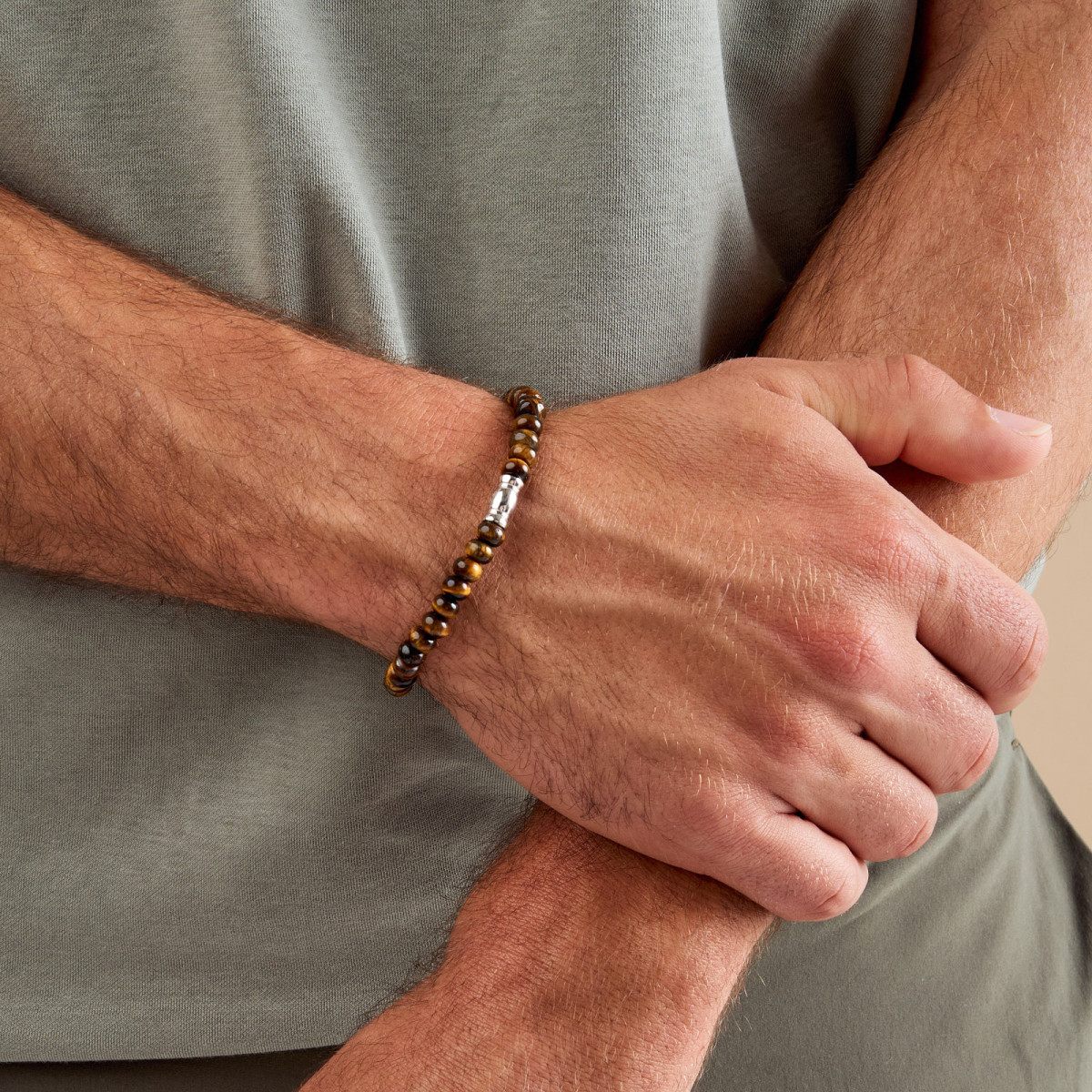Aze Jewels Rocks AZ-BS617-A heren kralenarmband met bruine ovale tijgeroog 6 mm breed