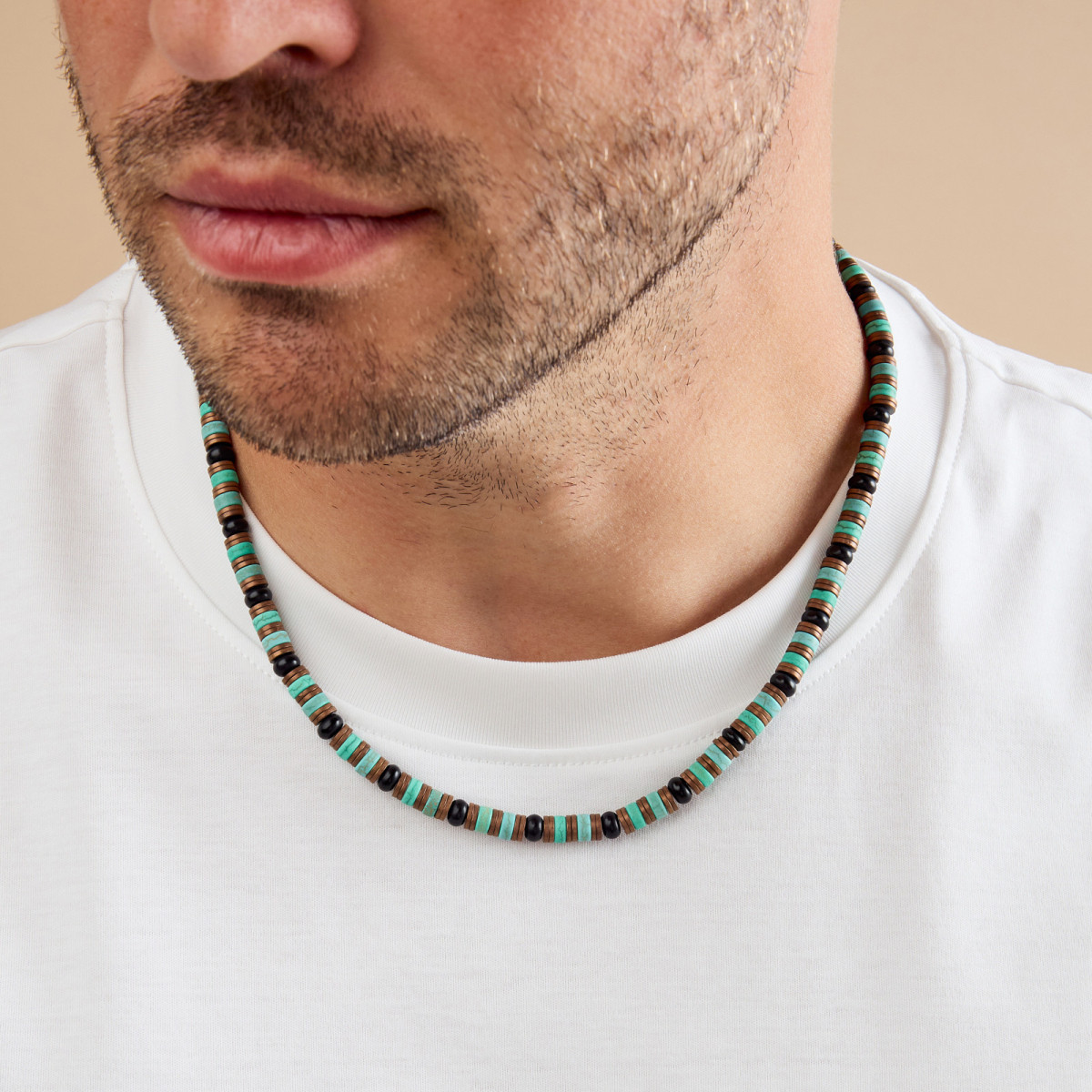 Aze Jewels Rocks AZ-NL619-A bruine en turquoise edelsteen ketting 6 mm breed - Lengte 45-50 cm