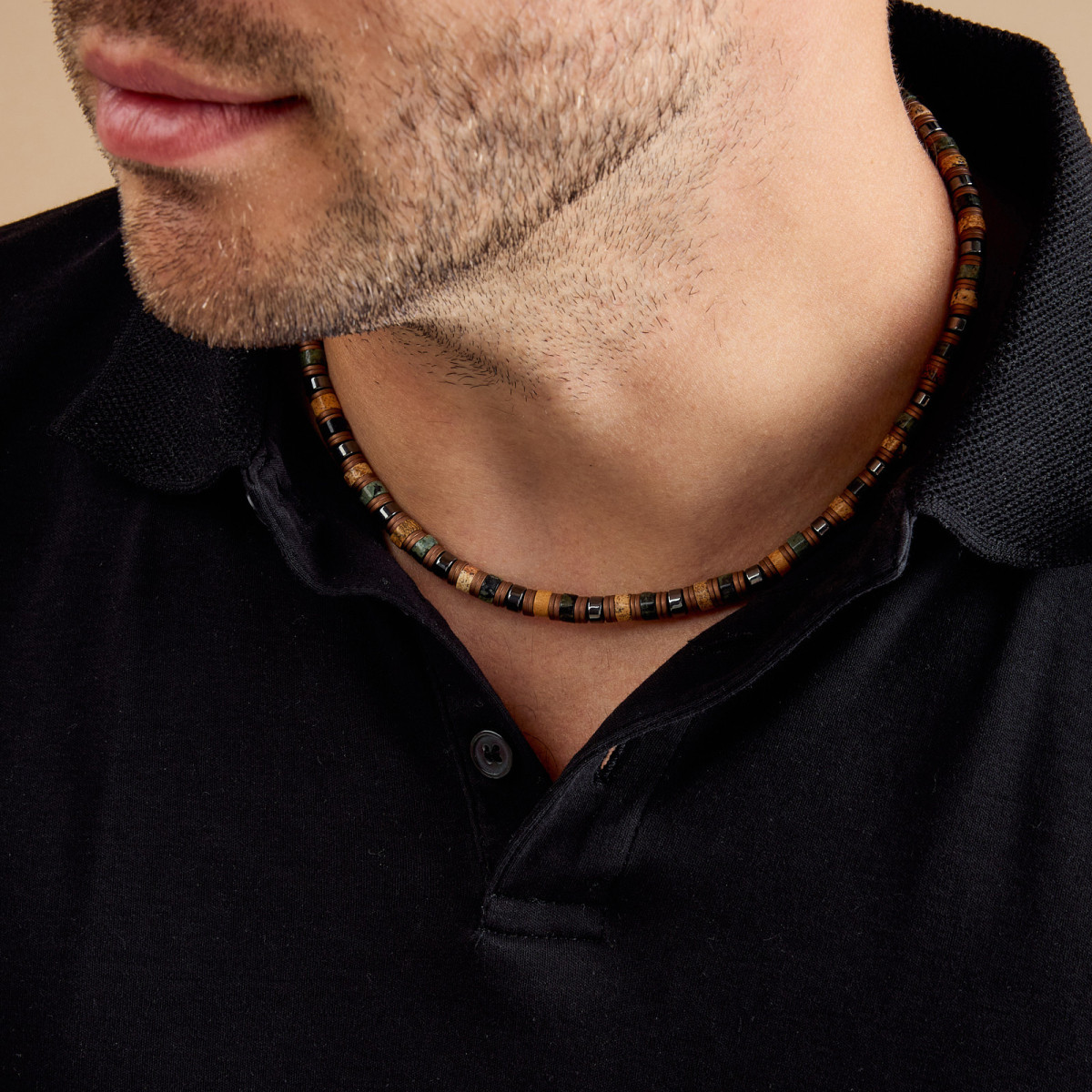 Aze Jewels Rocks AZ-NL622-A kralenketting bruin zwart hematiet jaspis ryoliet 6 mm breed - Lengte 45-50 cm