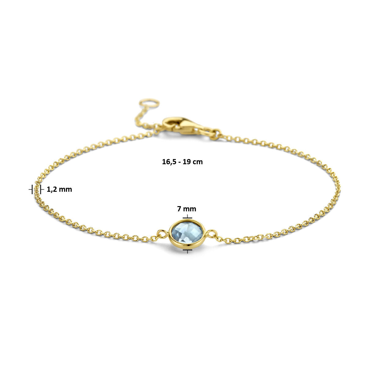 Gouden armband met blauwe topaas 1.2 mm 16.5 -19 cm