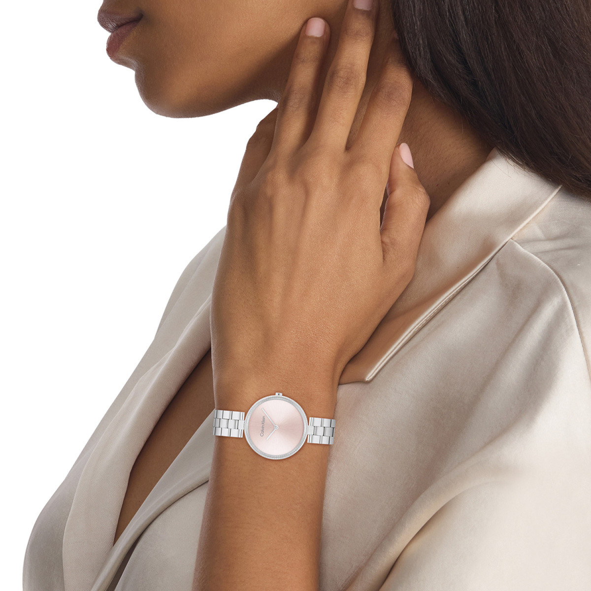 Calvin Klein CK25100015 zilverkleurig dameshorloge met ronde kast en roze wijzerplaat - Ø 32 mm