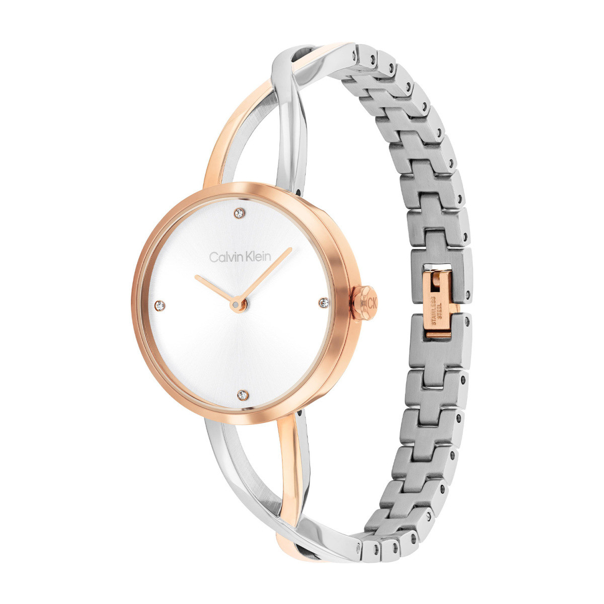 Calvin Klein CK25100060 bicolor dameshorloge met rosékleurige kast en steentjes - Ø 28 mm
