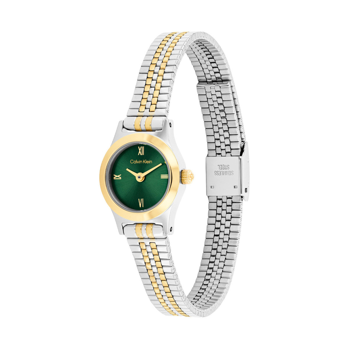 Calvin Klein CK25100202 bicolor verguld dameshorloge met ronde kast en groene wijzerplaat - Ø 18 mm