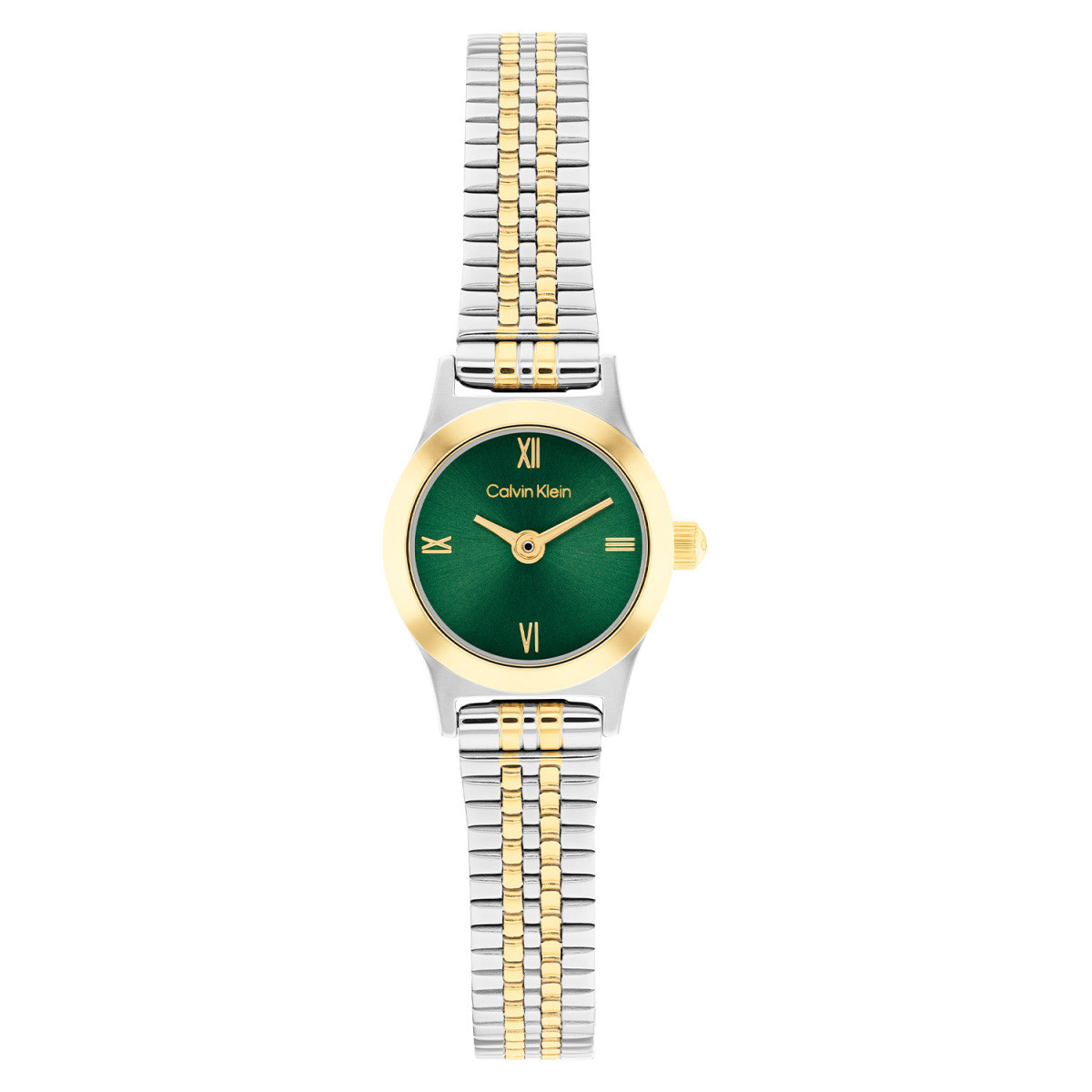 Calvin Klein CK25100202 bicolor verguld dameshorloge met ronde kast en groene wijzerplaat - Ø 18 mm