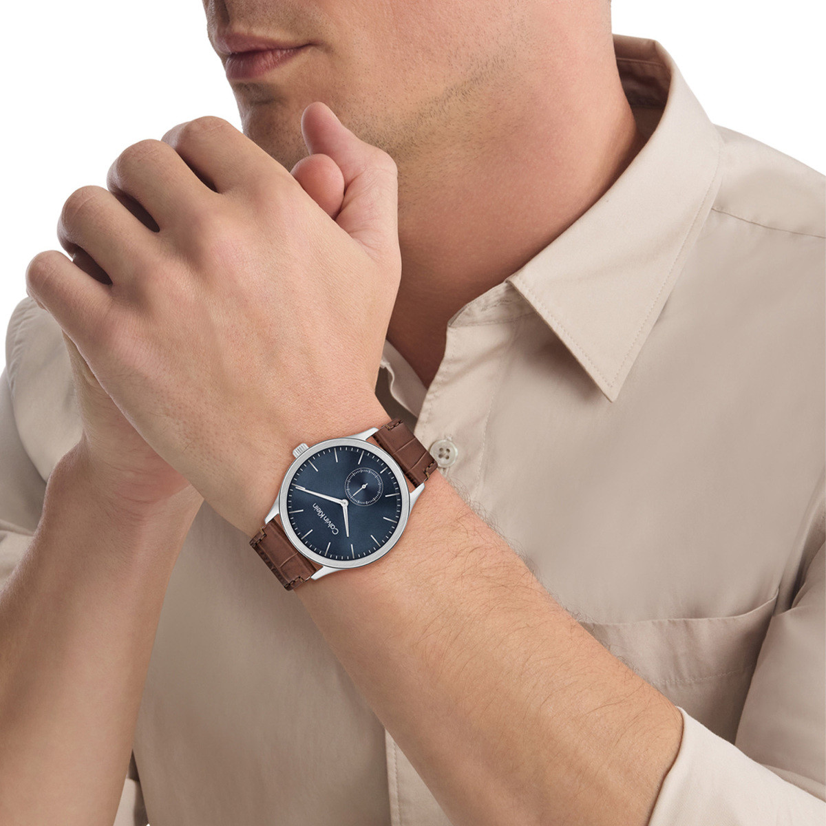 Calvin Klein CK25200552 zilverkleurig herenhorloge met blauwe wijzerplaat en bruine leren band - Ø 42 mm