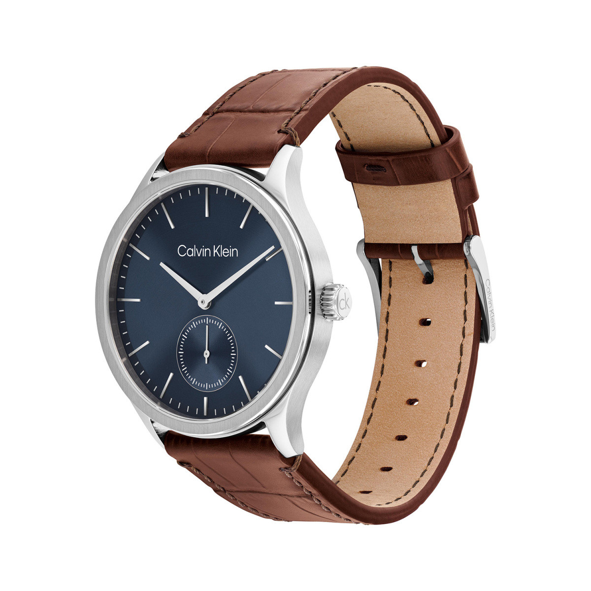 Calvin Klein CK25200552 zilverkleurig herenhorloge met blauwe wijzerplaat en bruine leren band - Ø 42 mm