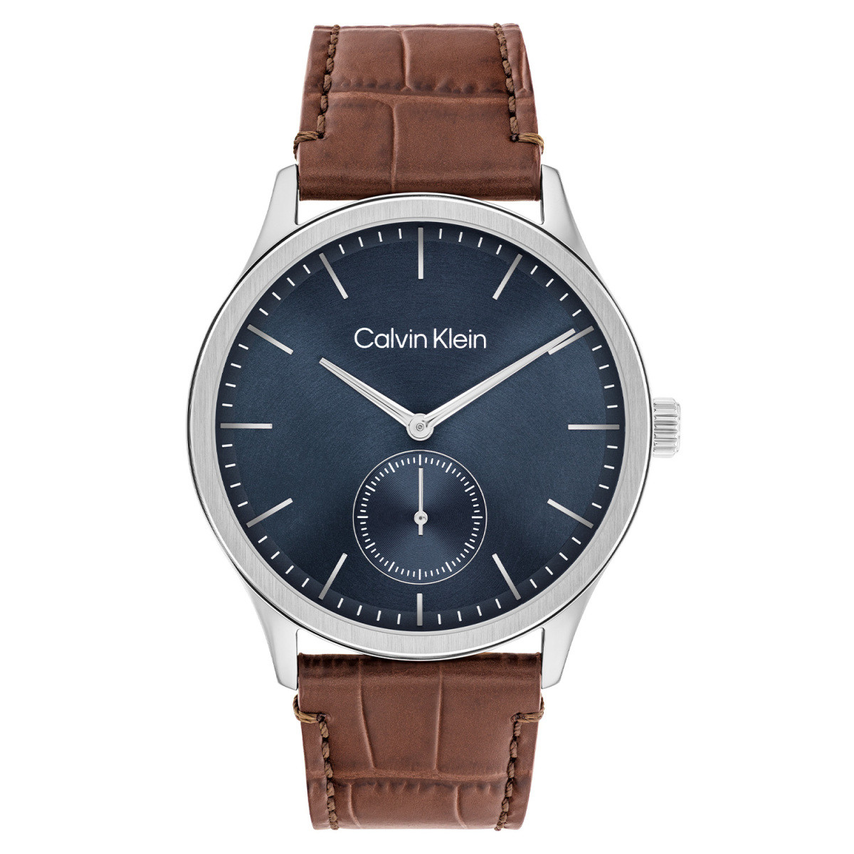 Calvin Klein CK25200552 zilverkleurig herenhorloge met blauwe wijzerplaat en bruine leren band - Ø 42 mm