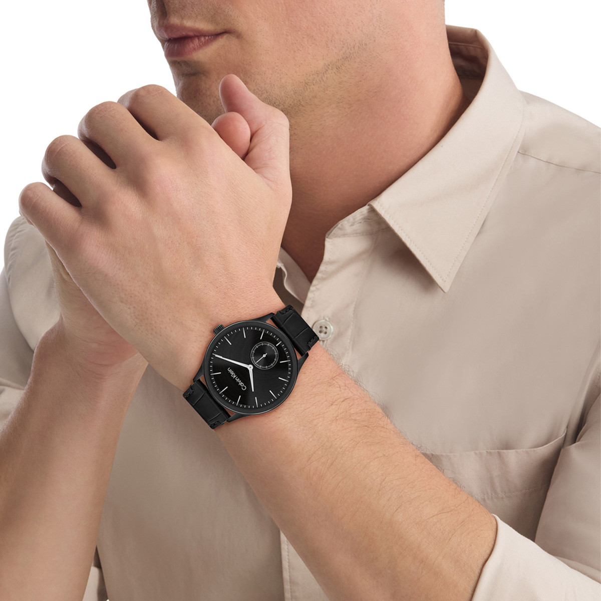 Calvin Klein CK25200555 zwart herenhorloge met ronde kast en leren band - Ø 42 mm