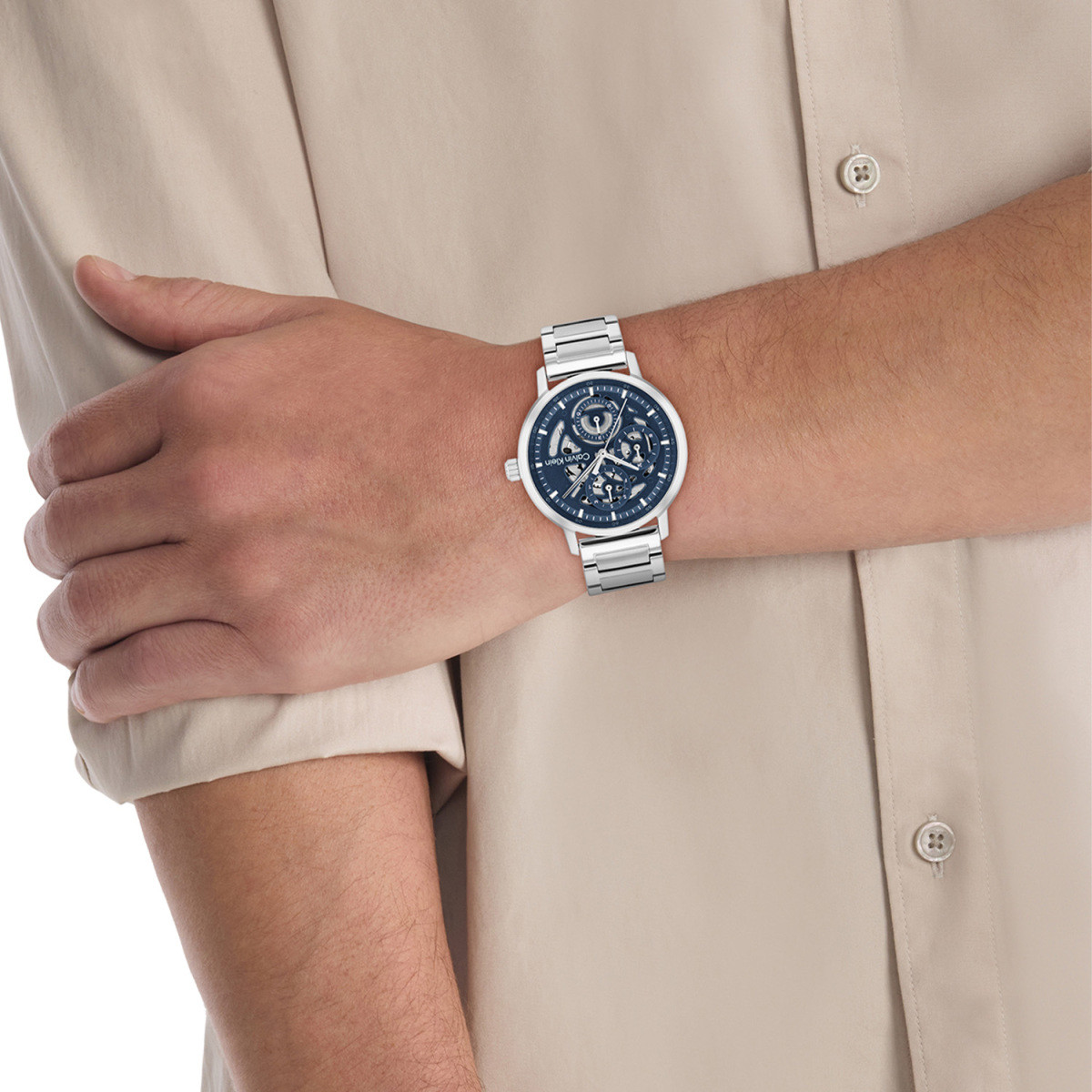 Calvin Klein CK25200562 zilverkleurig skeleton herenhorloge met blauwe wijzerplaat - Ø 41 mm