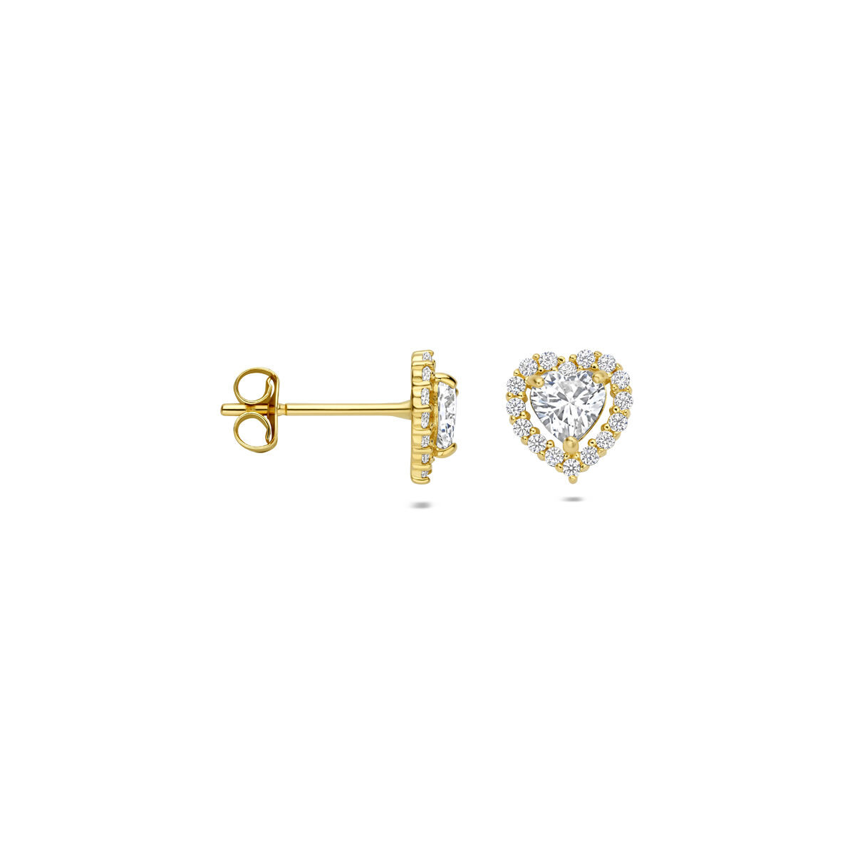 Gouden hartjes oorbellen met zirkonia 7 mm hoog