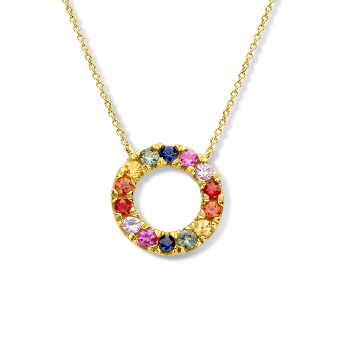 14-karaat gouden regenboog ketting met open rondje en saffier