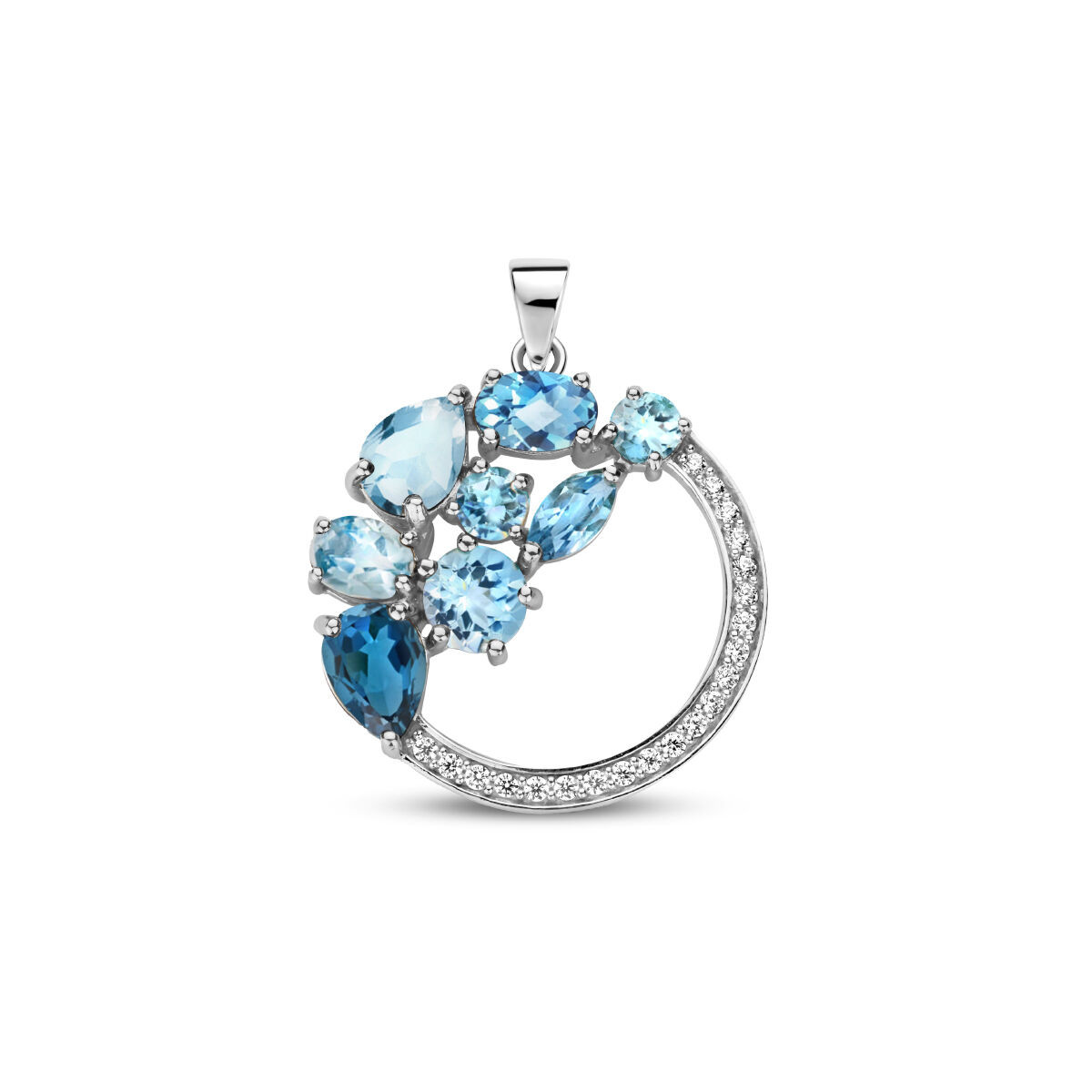 Zilveren ronde hanger met blauw zirkonia en topaas - 27 x 22 mm