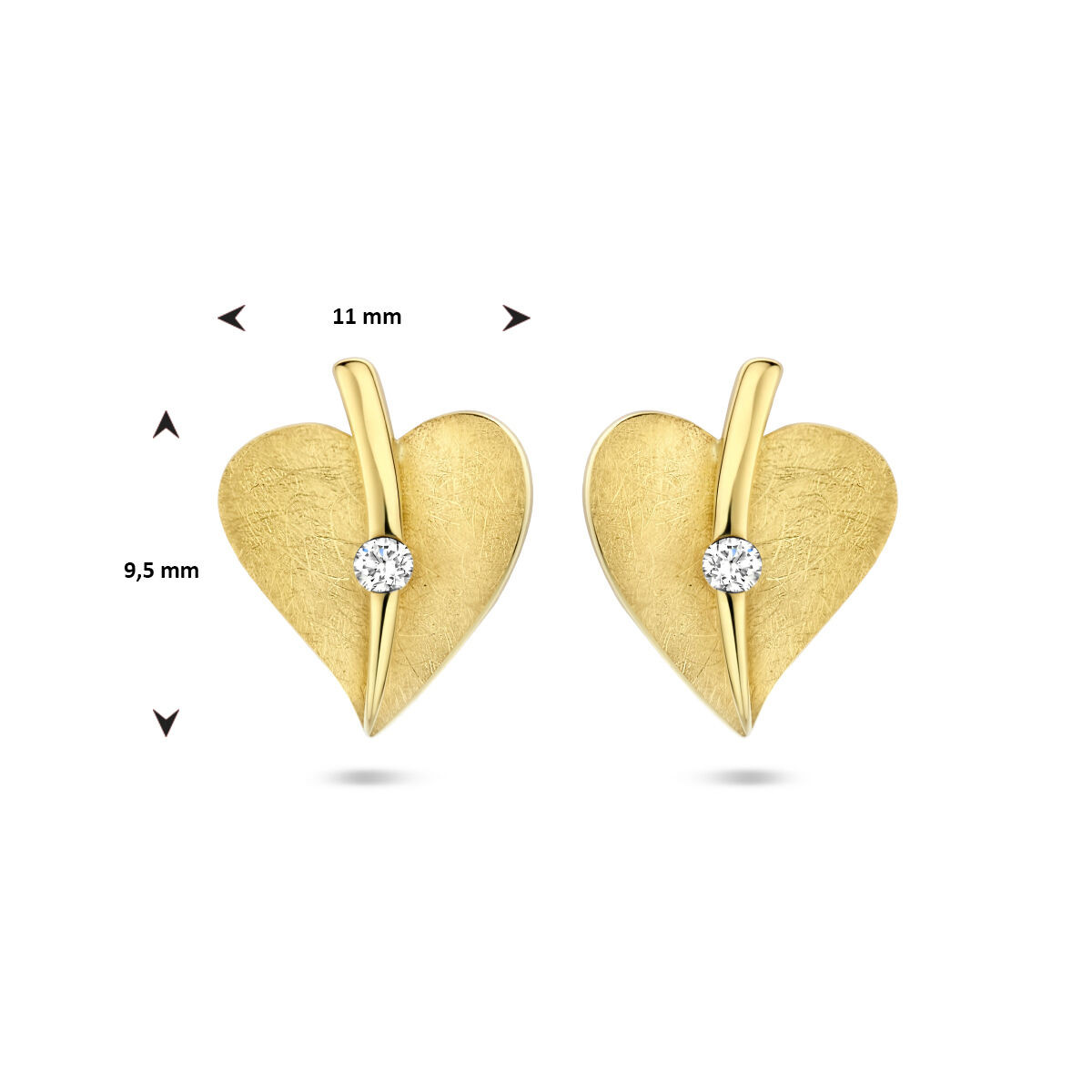 Gouden hart oorknoppen met diamant - 11 x 9.5 mm