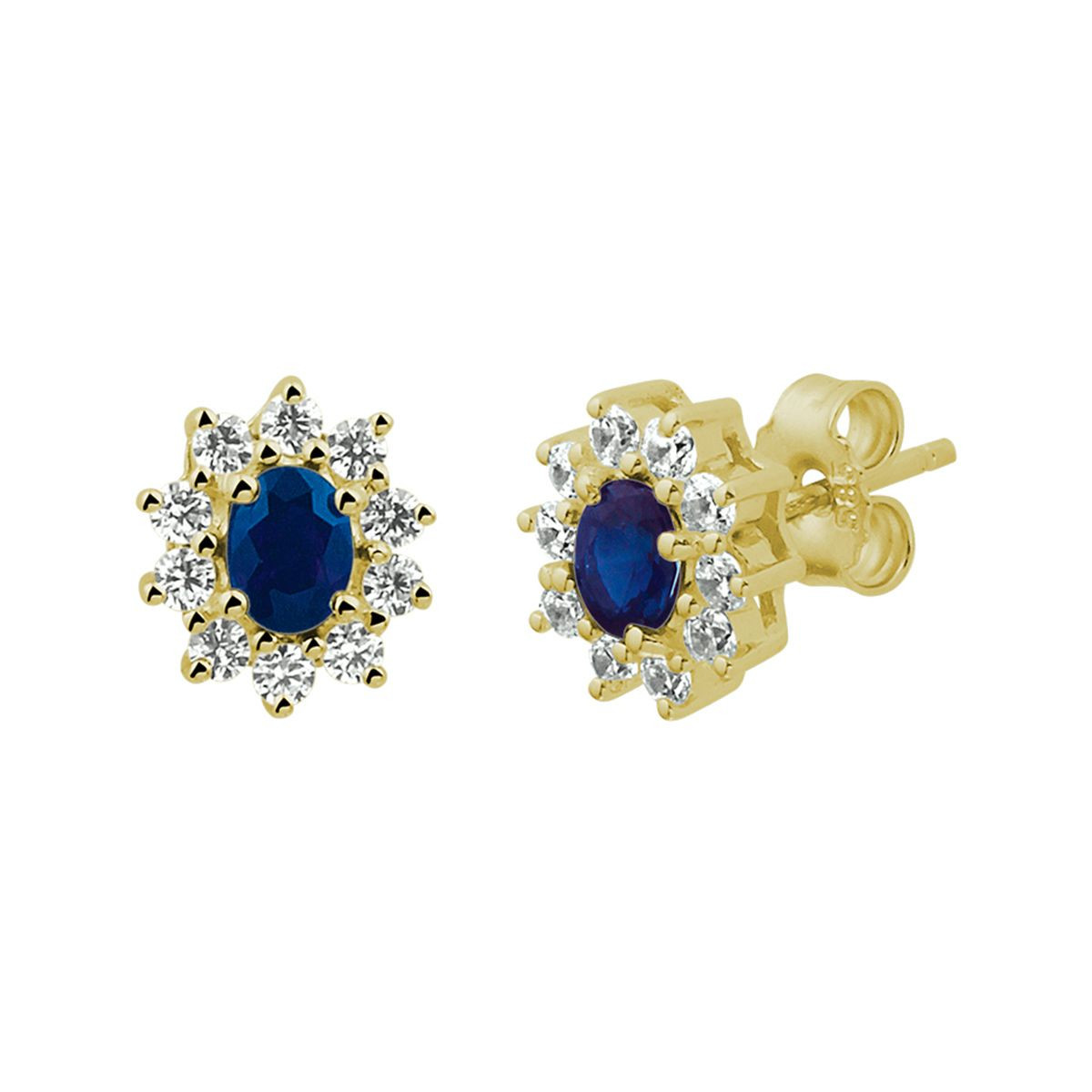 Oorknoppen blauw en goudkleurig met saffier 7.5 mm