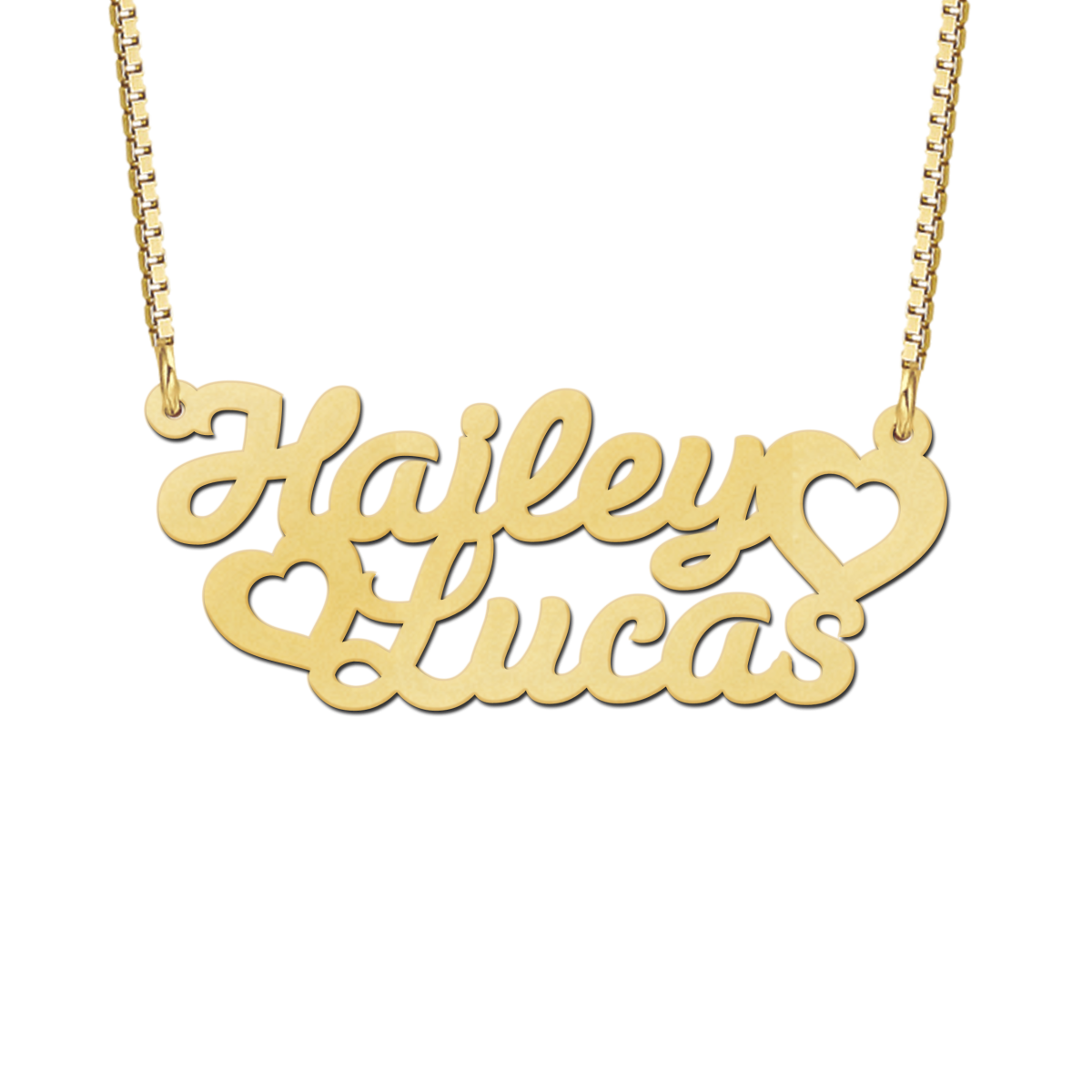 Gouden dubbele naamketting met hartjes