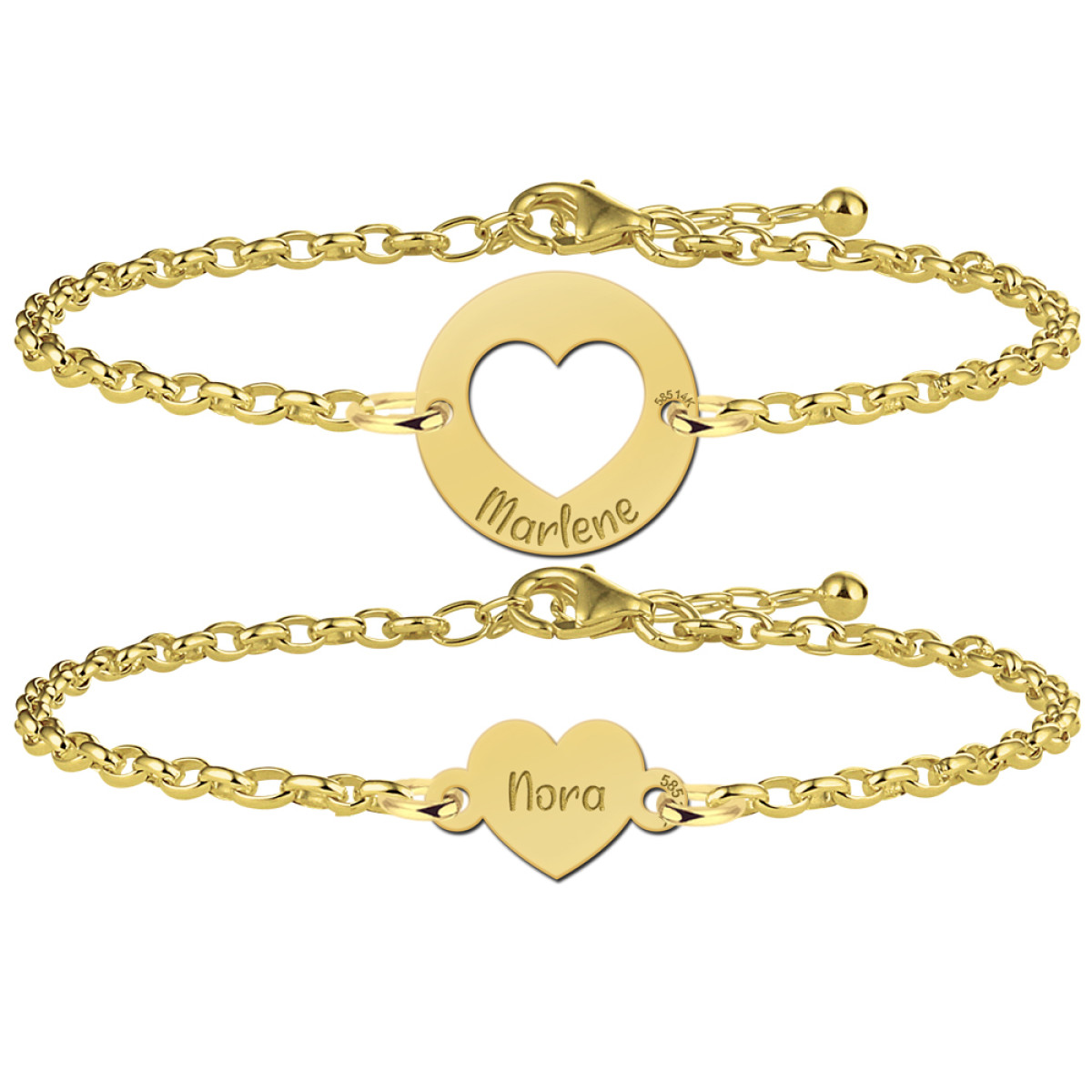 Gouden moeder en dochter hartjes armband set