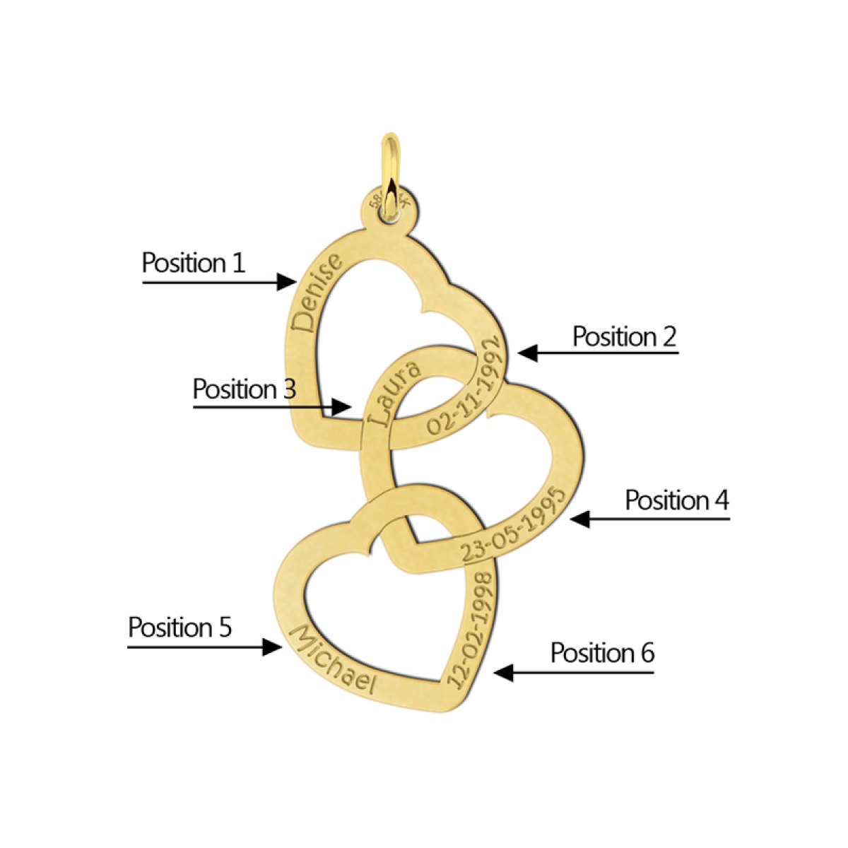 Gepersonaliseerd gouden tripel hart hanger Names4ever