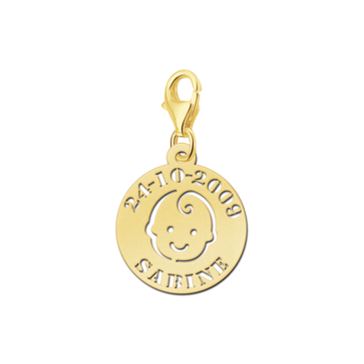 Gouden bedel babyhoofdje met naam en datum Names4ever