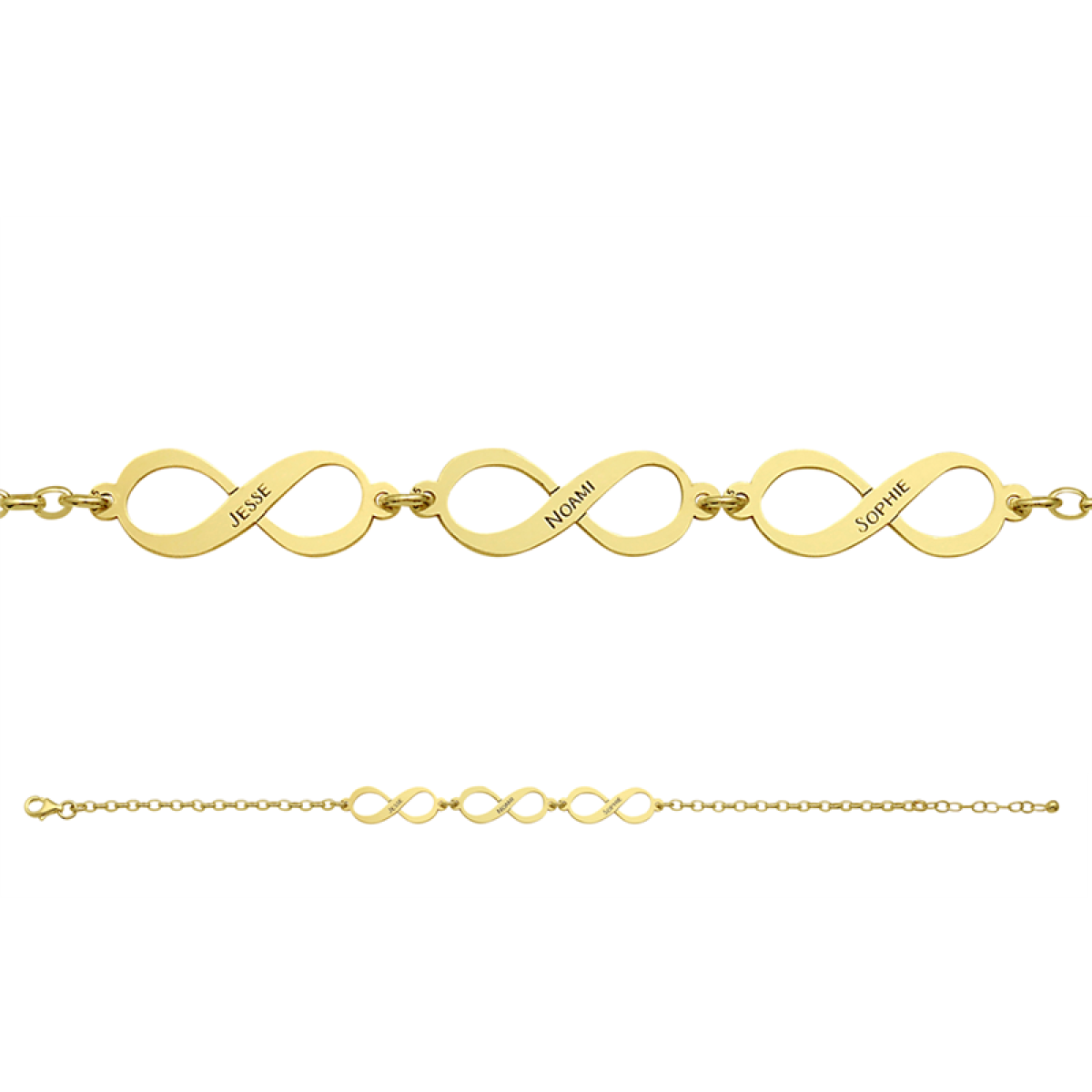 Gouden infinity armband met drie namen
