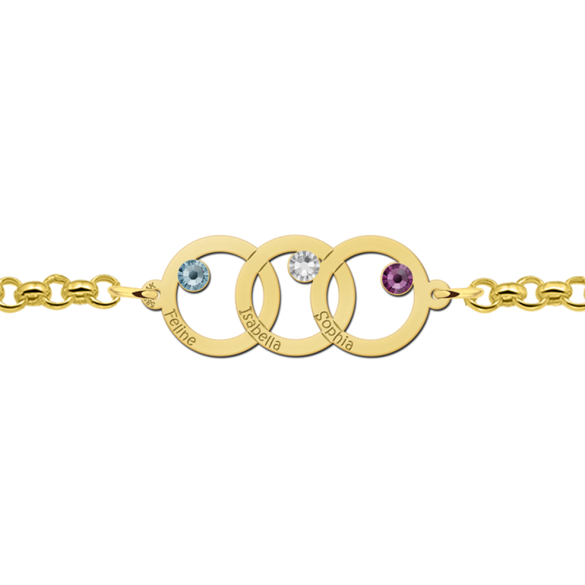 Moeder en dochter armband met drie rondjes goud