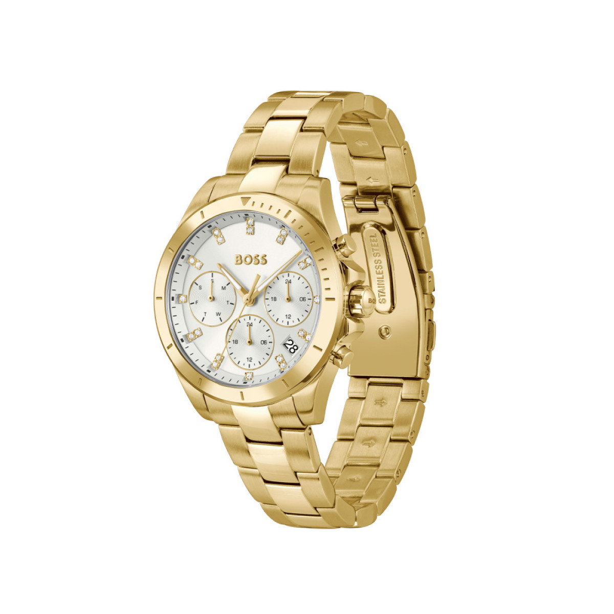 BOSS Alley HB1502829 Goudkleurig stalen dameshorloge met zilverkleurige wijzerplaat - Ø 36 mm