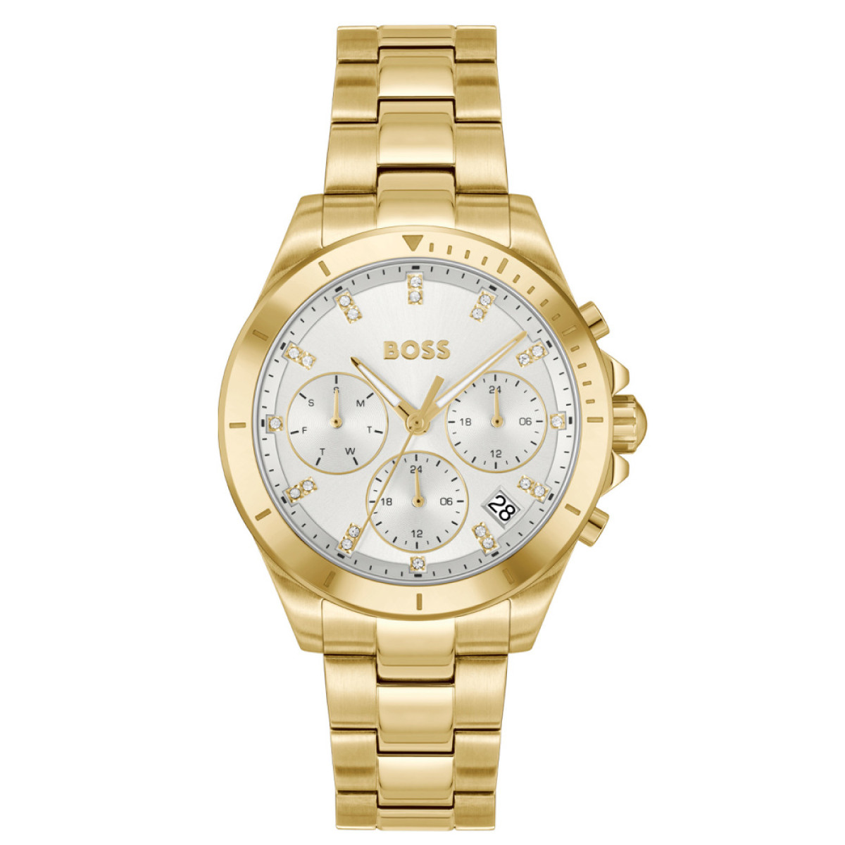 BOSS Alley HB1502829 Goudkleurig stalen dameshorloge met zilverkleurige wijzerplaat - Ø 36 mm