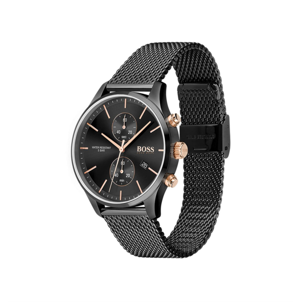 Boss Associate HB1513811 herenhorloge van staal - Zwart met milanese band - Chronograaf - Ø 42 mm