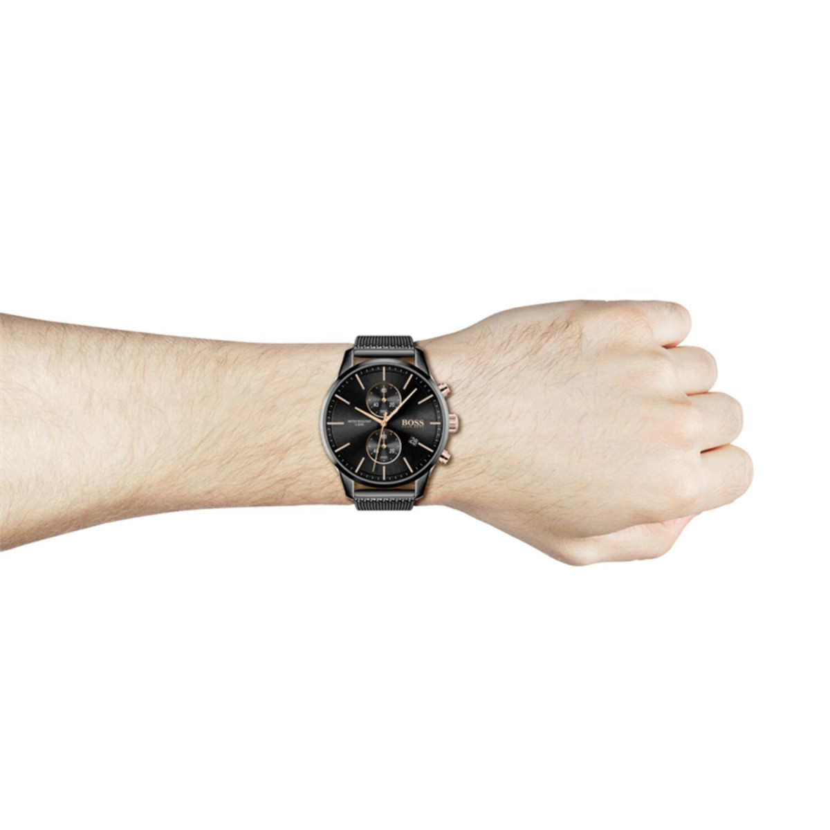 Boss Associate HB1513811 herenhorloge van staal - Zwart met milanese band - Chronograaf - Ø 42 mm