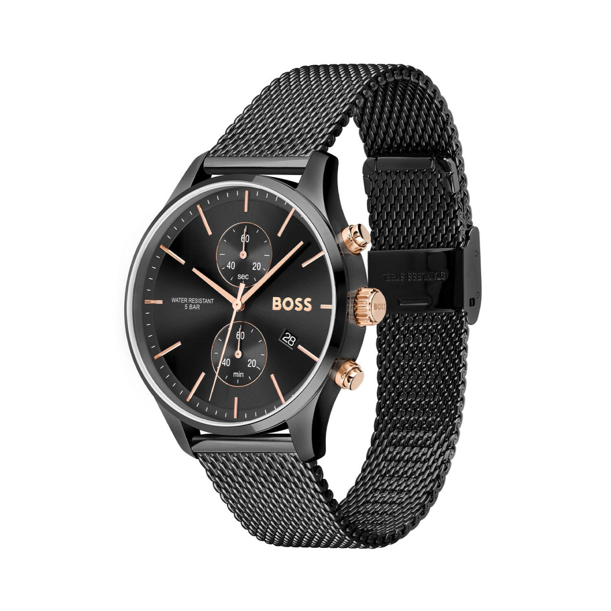 Boss Associate HB1513811 herenhorloge van staal - Zwart met milanese band - Chronograaf - Ø 42 mm