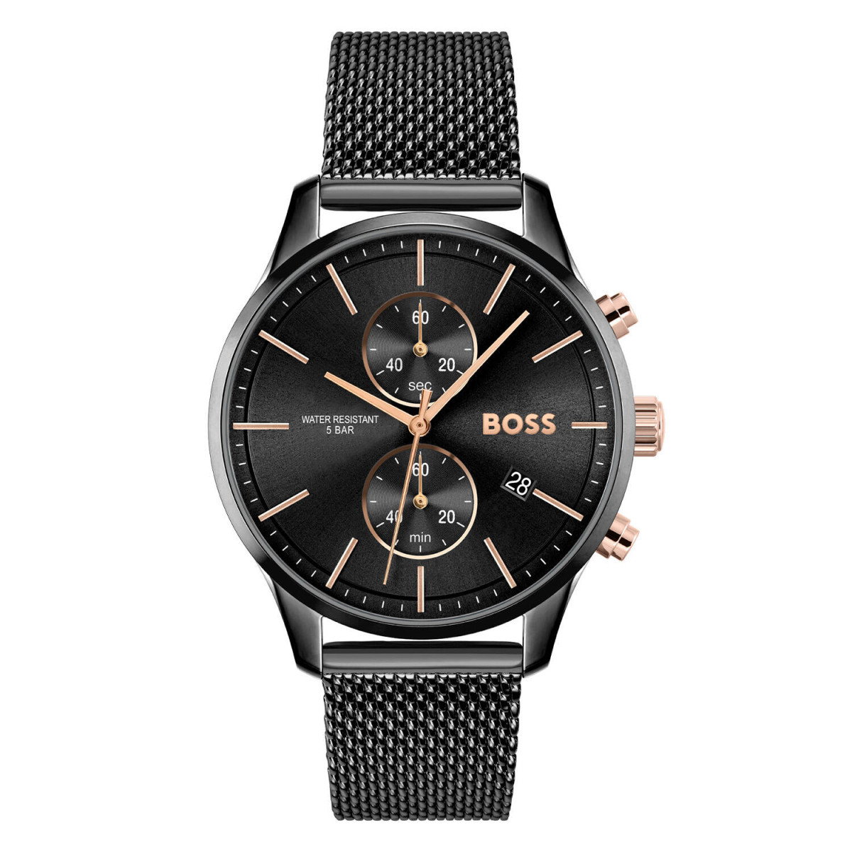 Boss Associate HB1513811 herenhorloge van staal - Zwart met milanese band - Chronograaf - Ø 42 mm