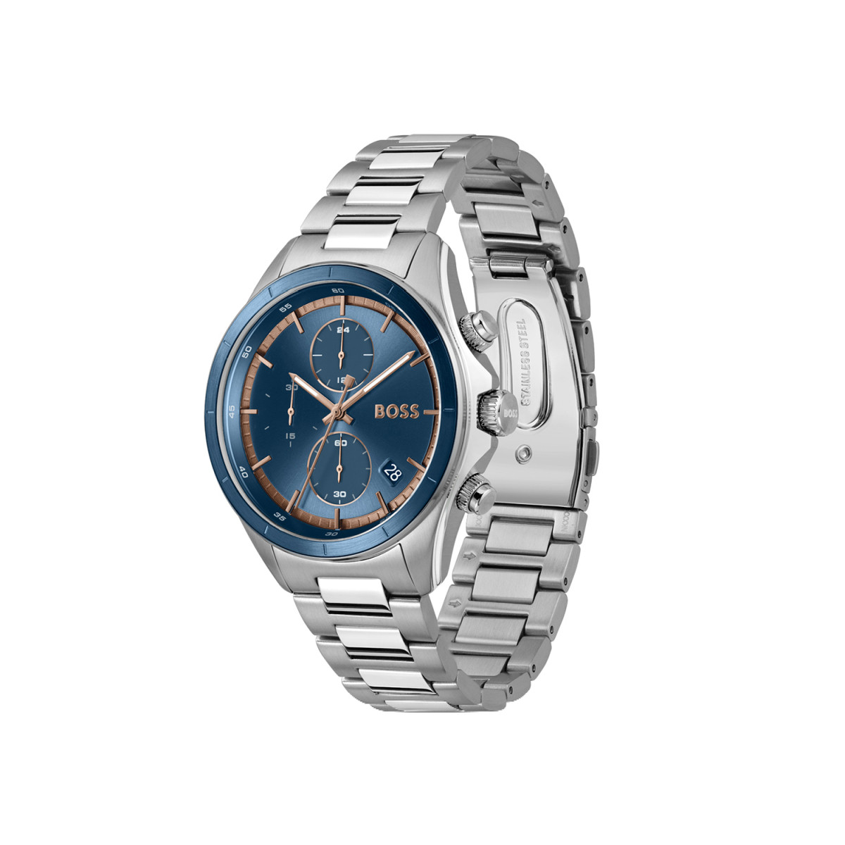 Boss Bosslatic HB1514336 chronograaf herenhorloge met blauwe wijzerplaat en zilverkleurige schakels - Ø 42 mm