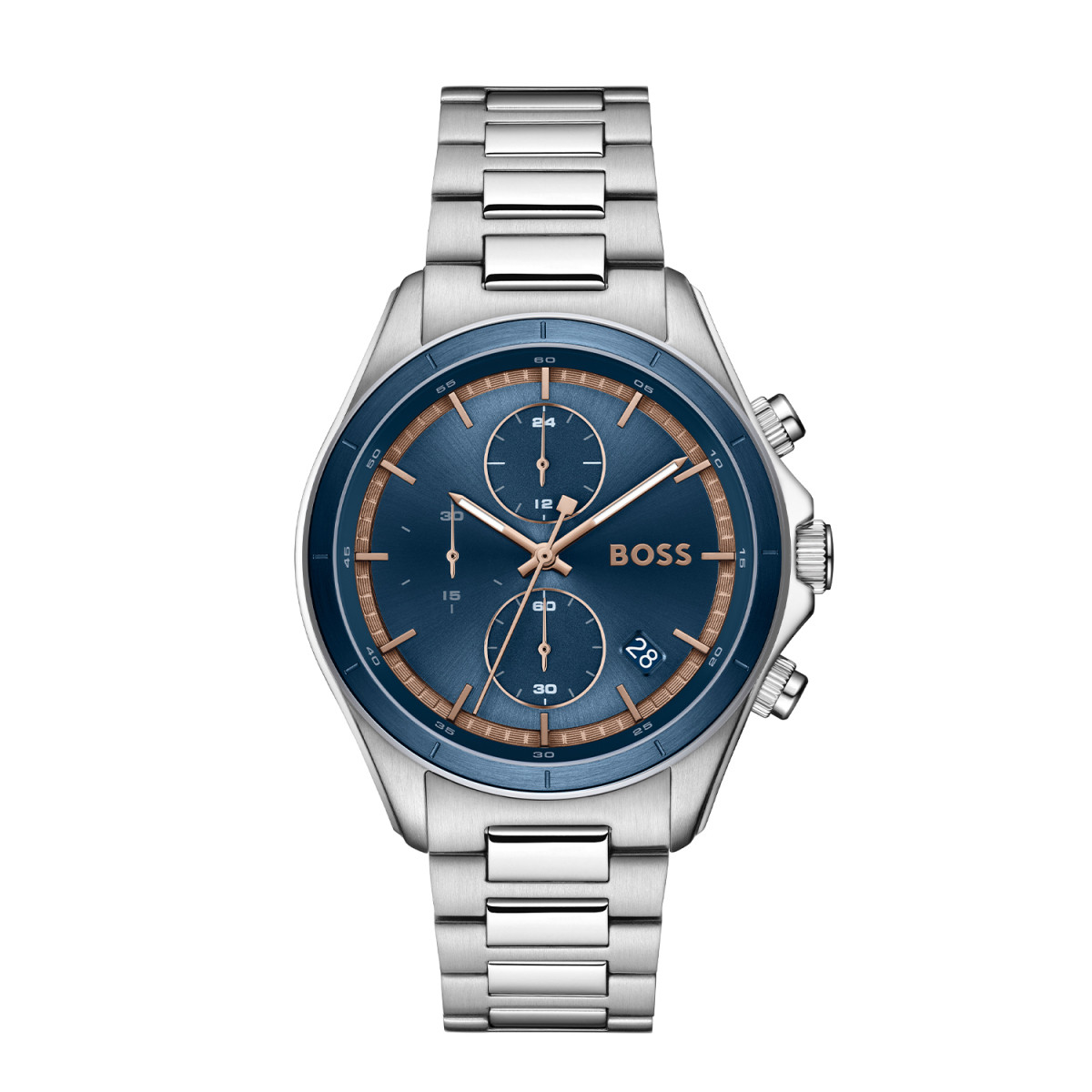 Boss Bosslatic HB1514336 chronograaf herenhorloge met blauwe wijzerplaat en zilverkleurige schakels - Ø 42 mm