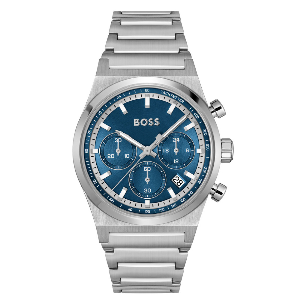 BOSS Candor HB1514250 Zilverkleurig stalen herenhorloge met blauwe wijzerplaat - Ø 41 mm