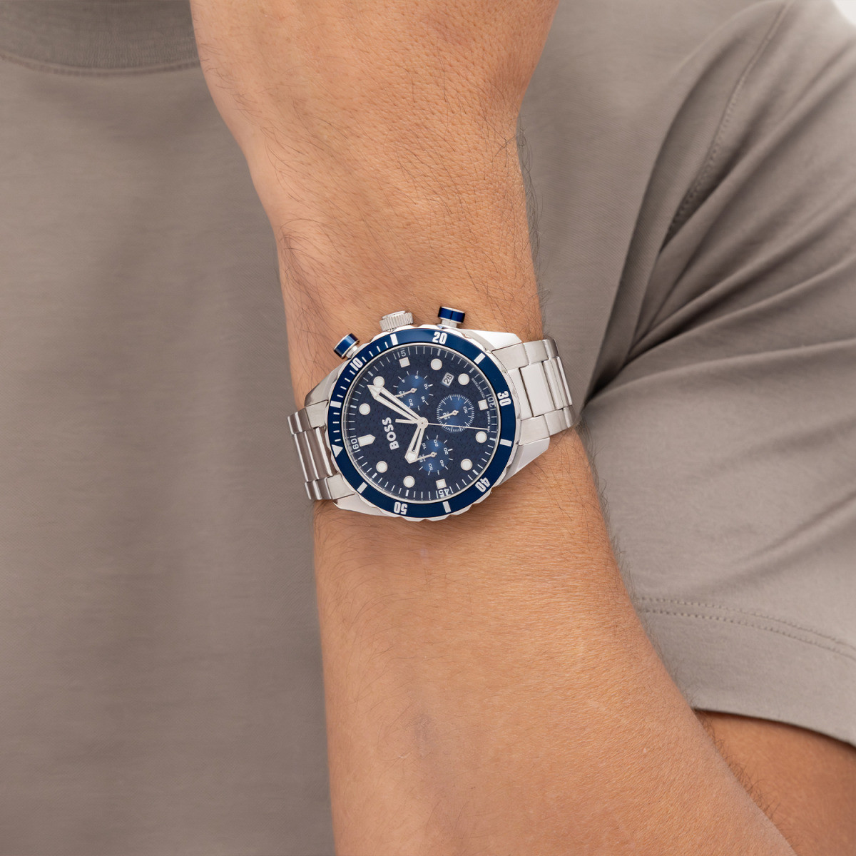 Boss Chronomatic HB1514338 herenhorloge met chronograaf blauwe wijzerplaat en zilverkleurig staal - Ø 44 mm